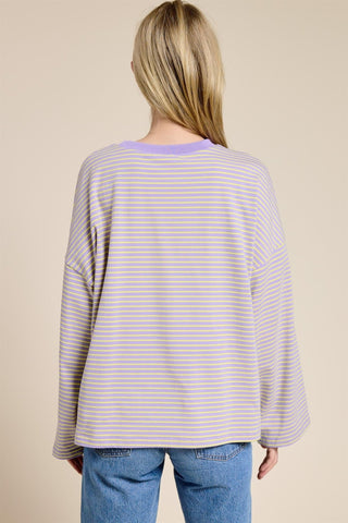 Striped Oversized Long Sleeve Top - Purple - 