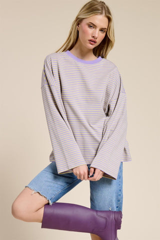 Striped Oversized Long Sleeve Top - Purple - 