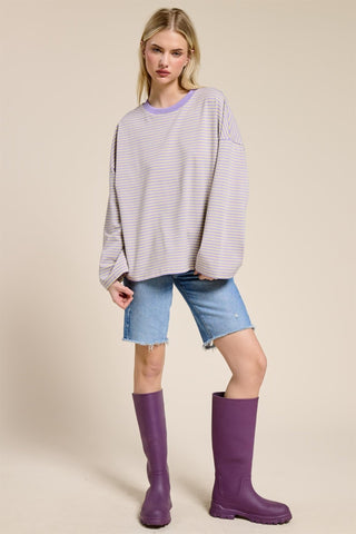 Striped Oversized Long Sleeve Top - Purple - 