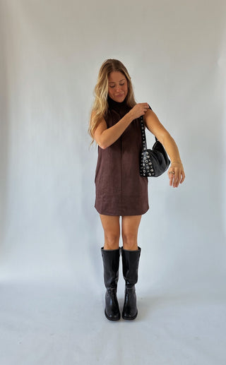 The Brown Keyhole High Neck Mini Dress - 