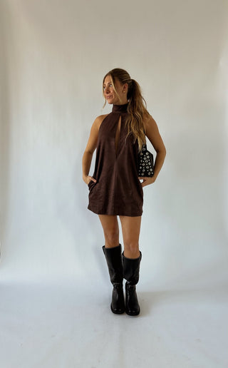 The Brown Keyhole High Neck Mini Dress - 