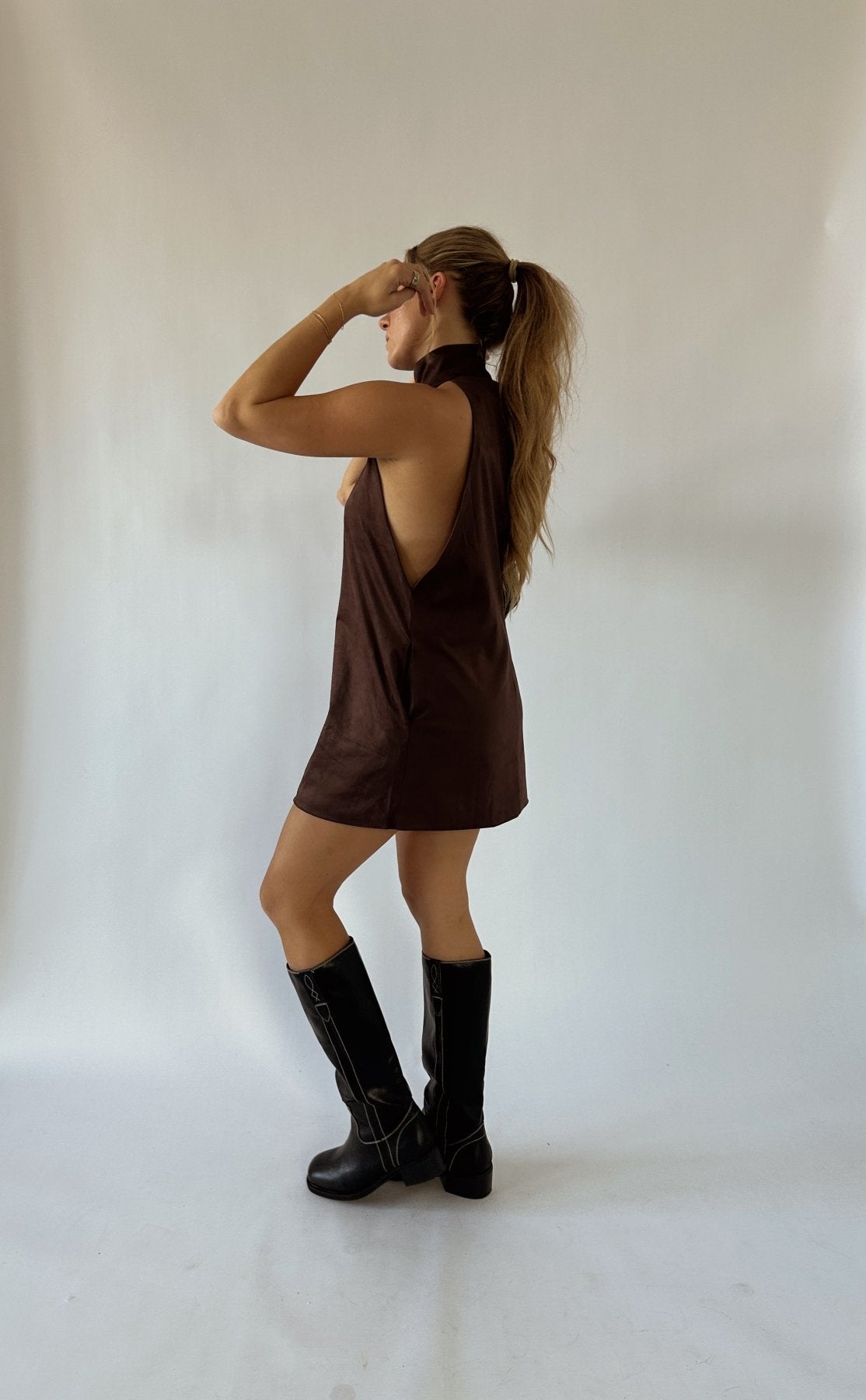 The Brown Keyhole High Neck Mini Dress The Brown Keyhole High Neck Mini Dress