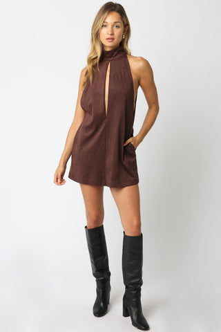 The Brown Keyhole High Neck Mini Dress - 