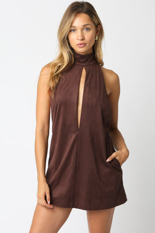 The Brown Keyhole High Neck Mini Dress - 