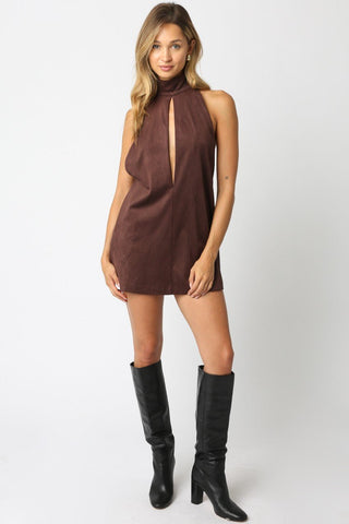 The Brown Keyhole High Neck Mini Dress - 