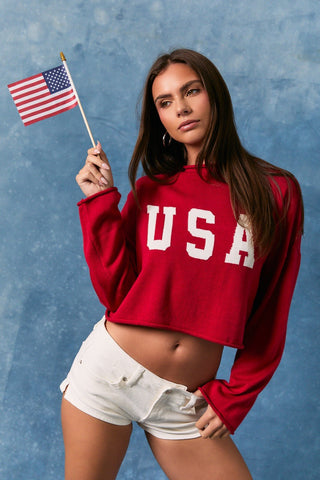 USA Long Sleeve Crop Sweater - Red -