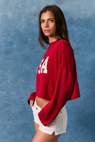 USA Long Sleeve Crop Sweater - Red -