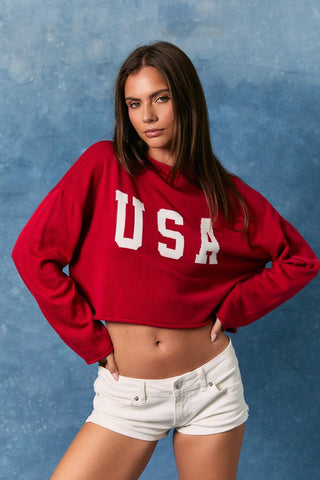 USA Long Sleeve Crop Sweater - Red -