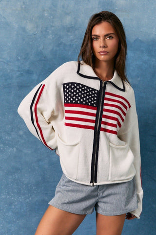 USA Varsity Zip Up - White - Sweaters