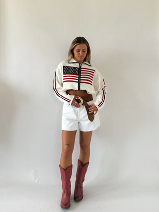 USA Varsity Zip Up - White - Sweaters