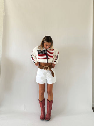 USA Varsity Zip Up - White - Sweaters