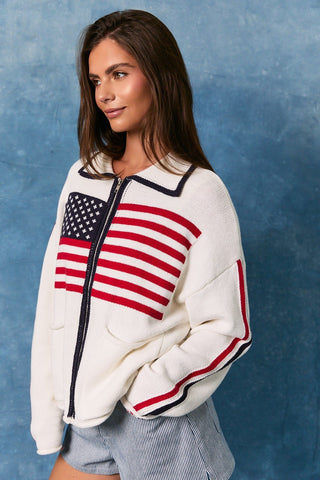 USA Varsity Zip Up - White - Sweaters