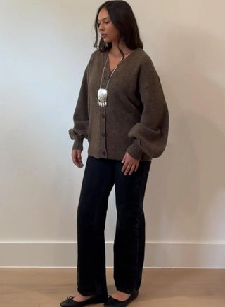 V - Neck Chunky Balloon Sleeve Cardigan - 