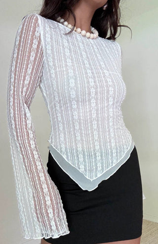 White Boat Neck Long Sleeve Top - 