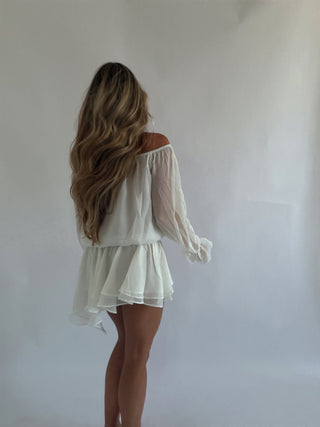 White Off Shoulder Ruffle Mini Dress -