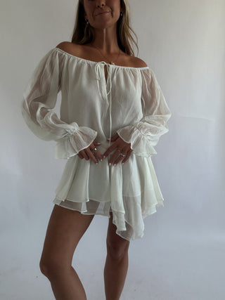 White Off Shoulder Ruffle Mini Dress -