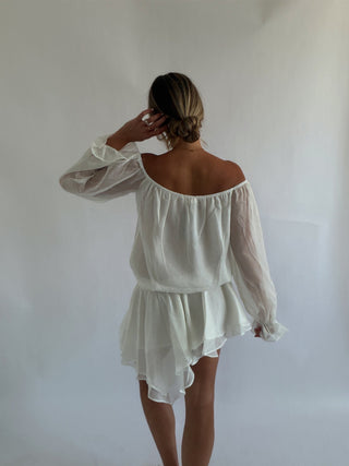 White Off Shoulder Ruffle Mini Dress -
