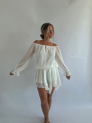 White Off Shoulder Ruffle Mini Dress -