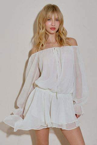 White Off Shoulder Ruffle Mini Dress -