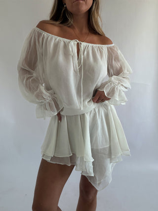 White Off Shoulder Ruffle Mini Dress -