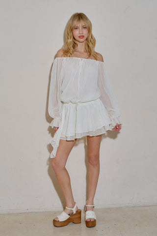 White Off Shoulder Ruffle Mini Dress -