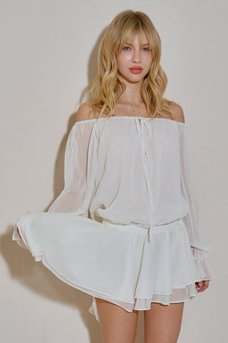 White Off Shoulder Ruffle Mini Dress -